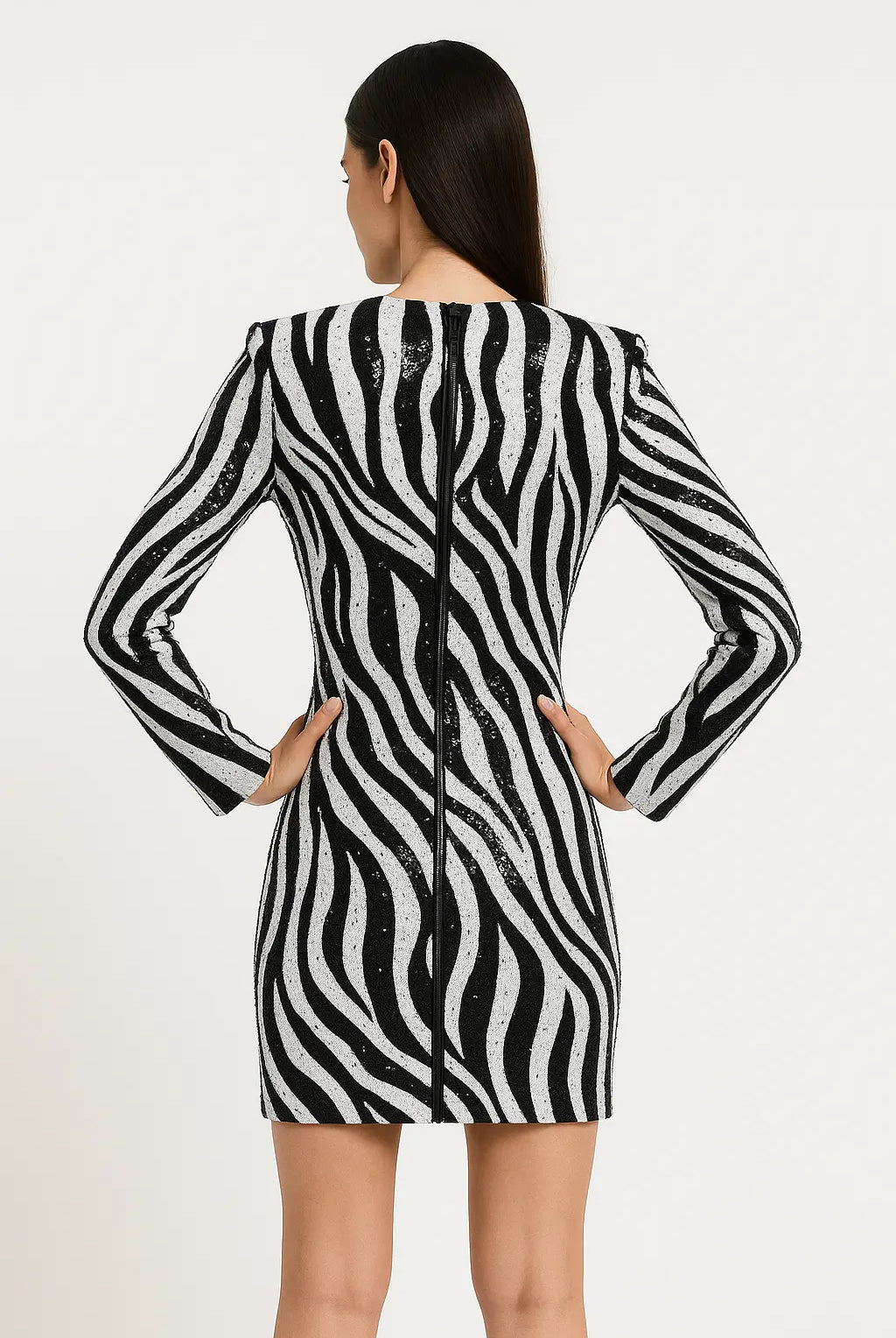 Trend4us Sequin Zebra Print Long Sleeve Mini Dress