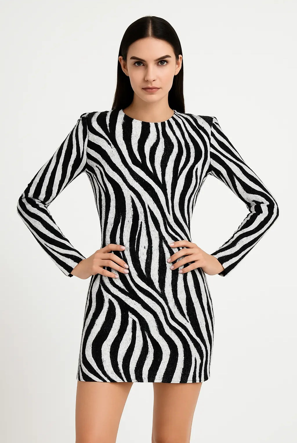 Trend4us Sequin Zebra Print Long Sleeve Mini Dress