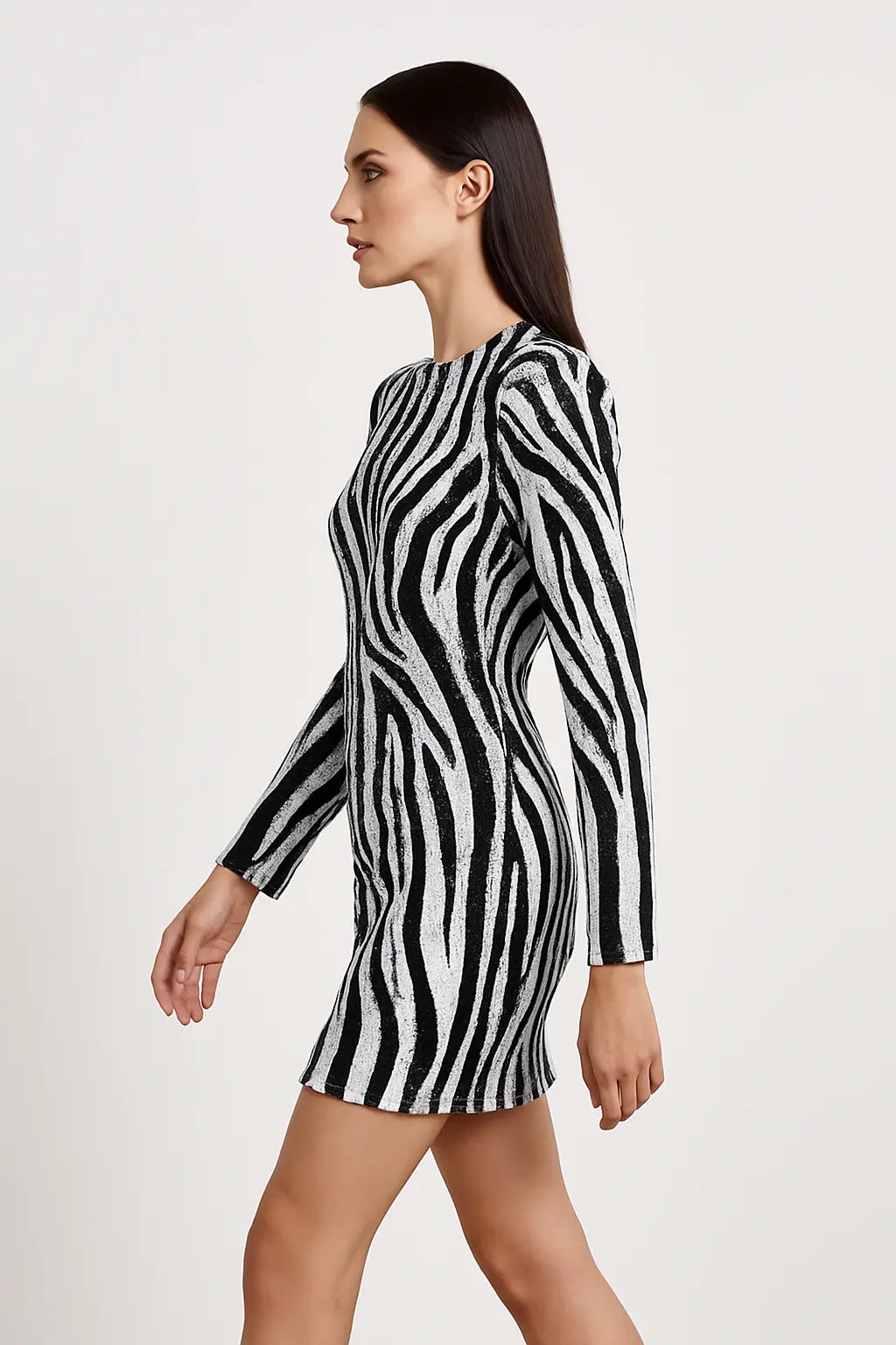 Trend4us Sequin Zebra Print Long Sleeve Mini Dress