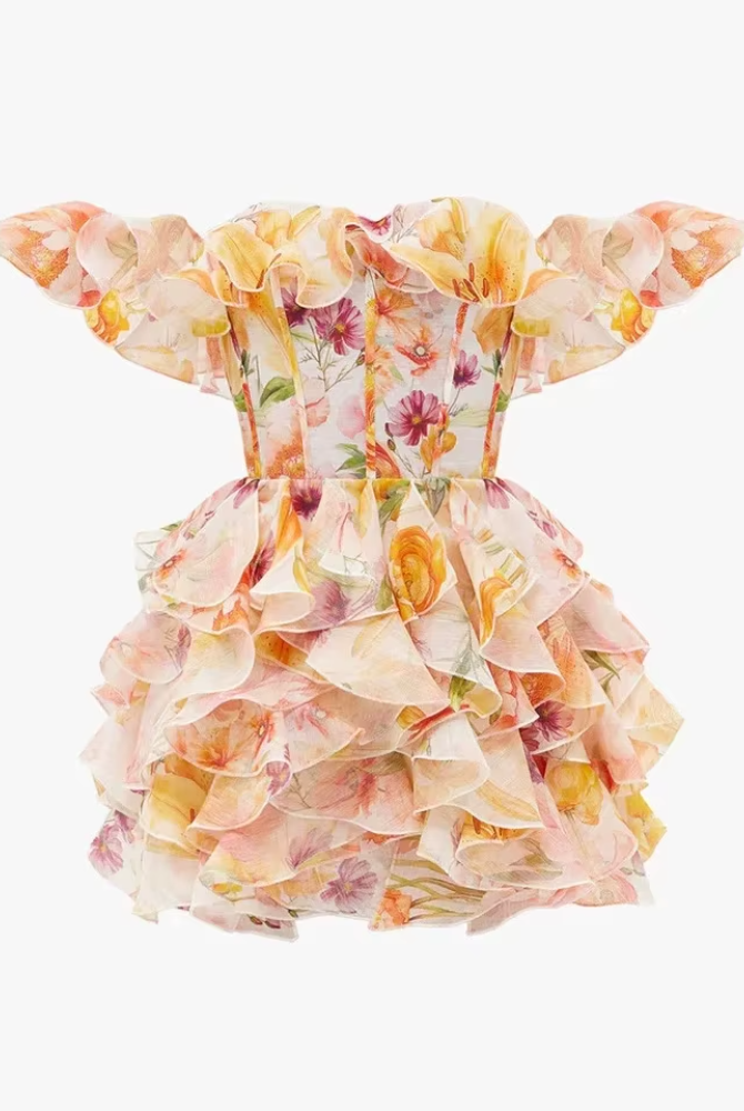 Trend4us Luxe Floral Ruffle Off-Shoulder Mini Dress
