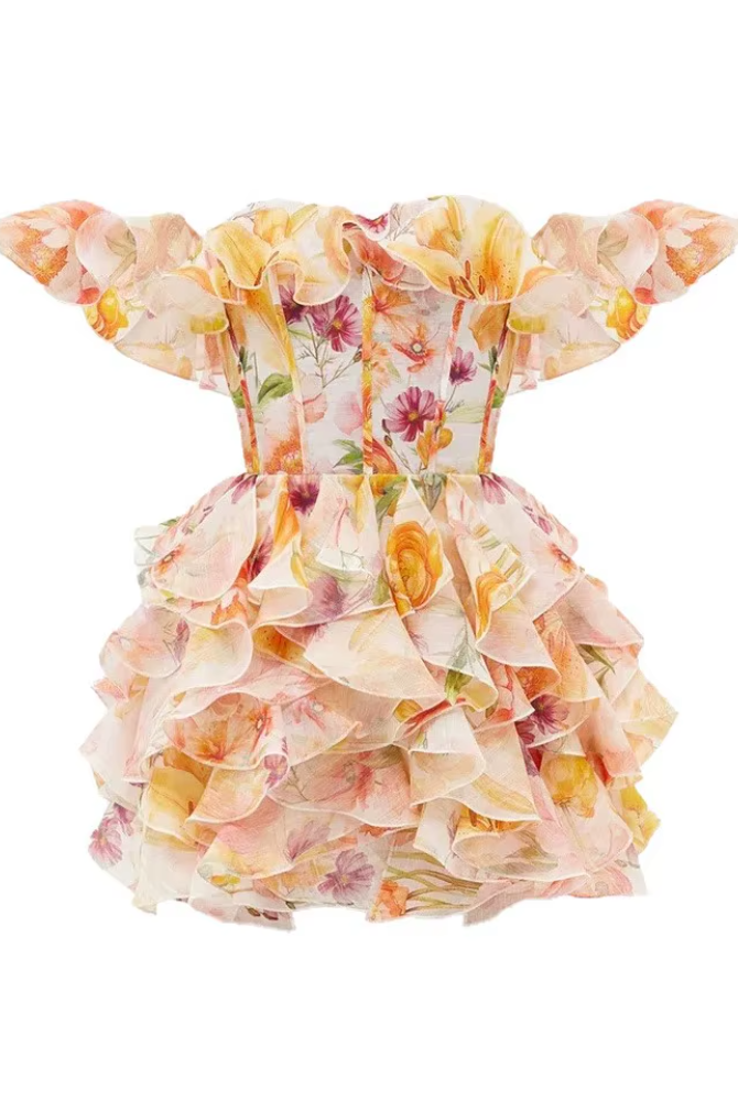 Trend4us Luxe Floral Ruffle Off-Shoulder Mini Dress front view