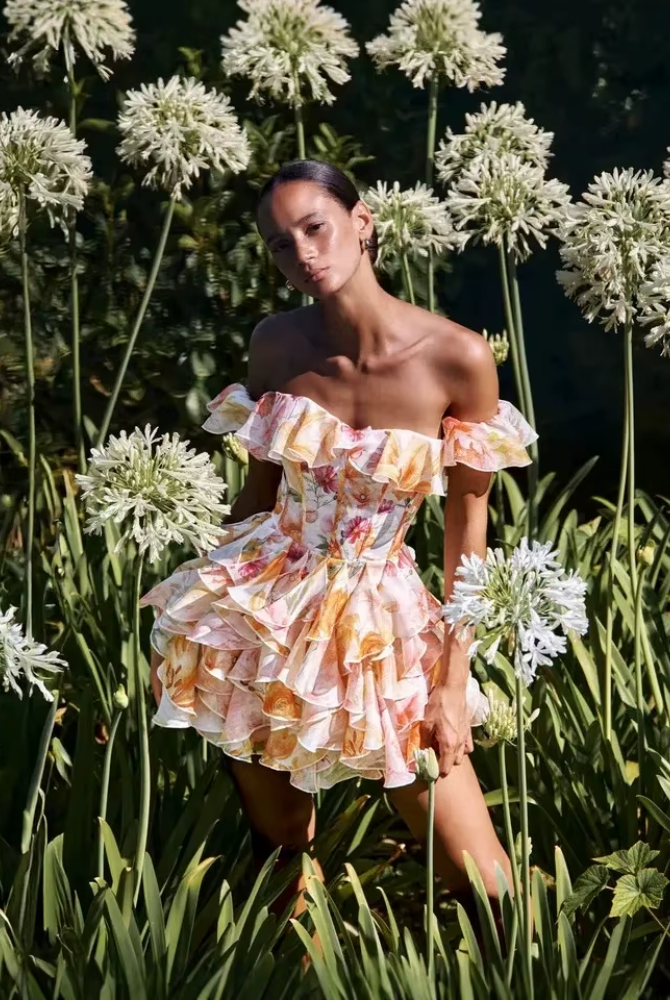 Trend4us Luxe Floral Ruffle Off-Shoulder Mini Dress