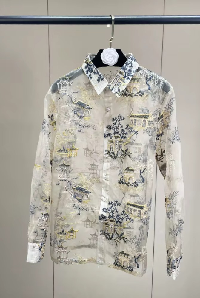 Trend4us Luxe Sheer Organza Embroidered Scenic Blouse