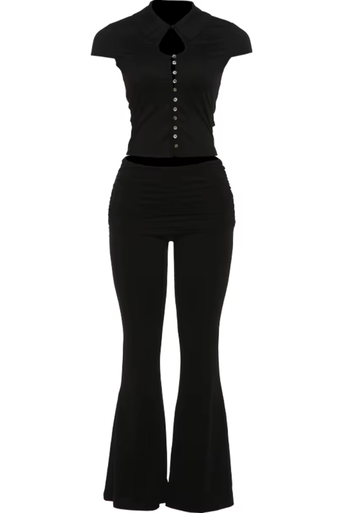 Trend4us Streetwear Button-Up Crop Top & Ruched Flare Pants Set - Black