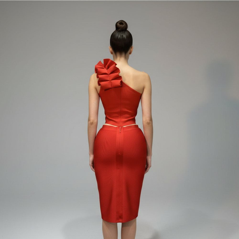 One-Shoulder Rosette Top & Skirt Two-Piece Set red back view