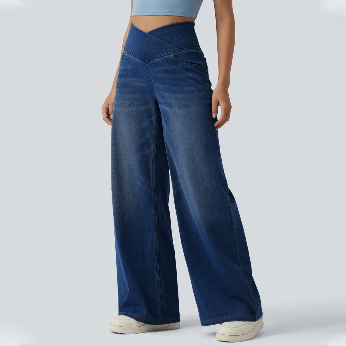 Trend4us High Waist Crossover Wide Leg Jeans