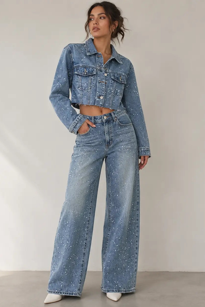Trend4us Luxe Crystal Cropped Denim Jacket & Wide-Leg Jeans Set