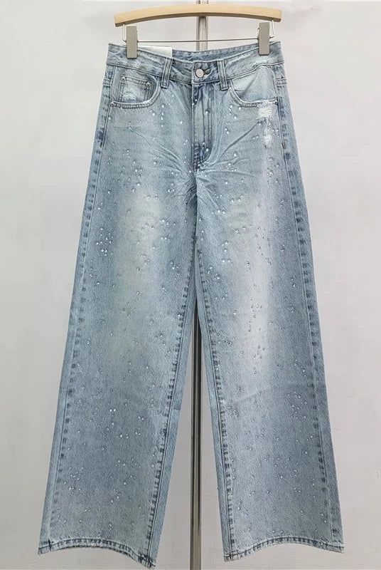 Trend4us Luxe Crystal Cropped Denim Jacket & Wide-Leg Jeans Set