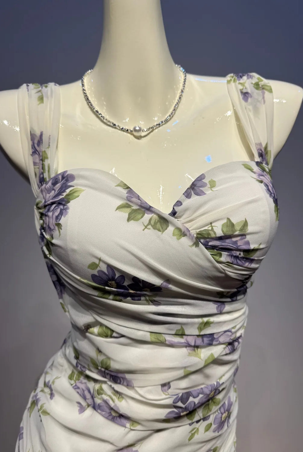 Trend4us Chiffon Mesh Floral Ruched Mermaid Mini Dress closer view