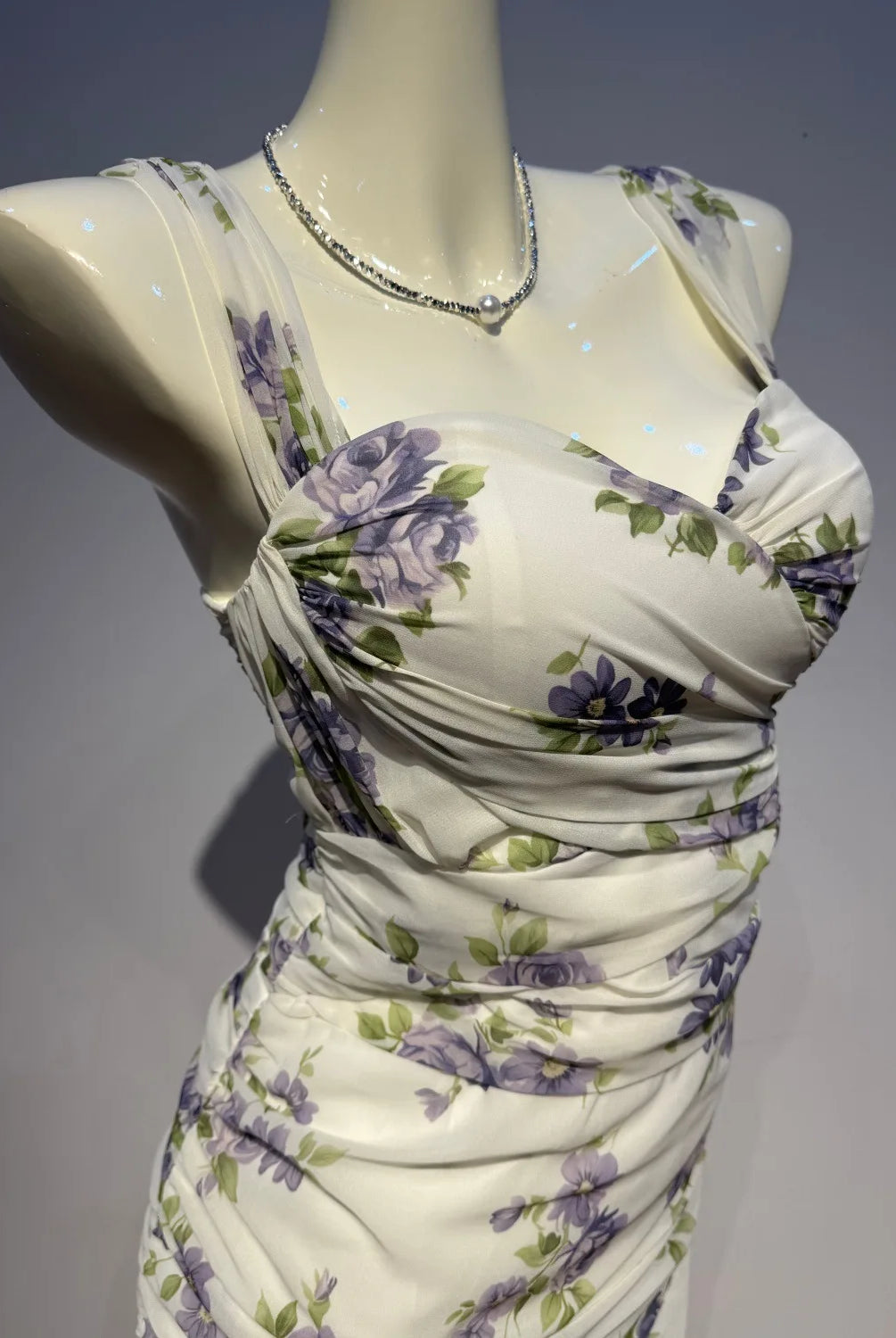 Trend4us Chiffon Mesh Floral Ruched Mermaid Mini Dress closer view