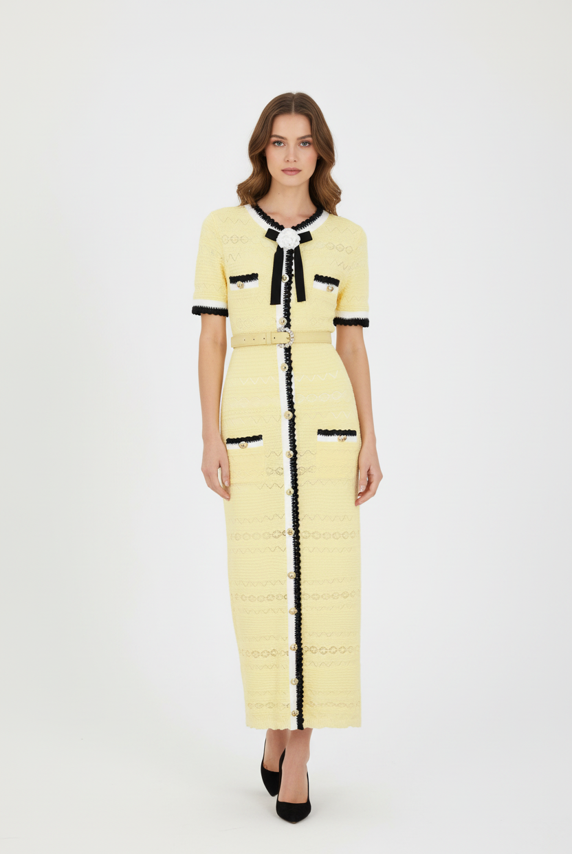 A woman modeling a pale yellow tweed midi dress with black and white trim, featuring a collar with a black bow, short sleeves, and front pockets, set against a plain light gray studio background.