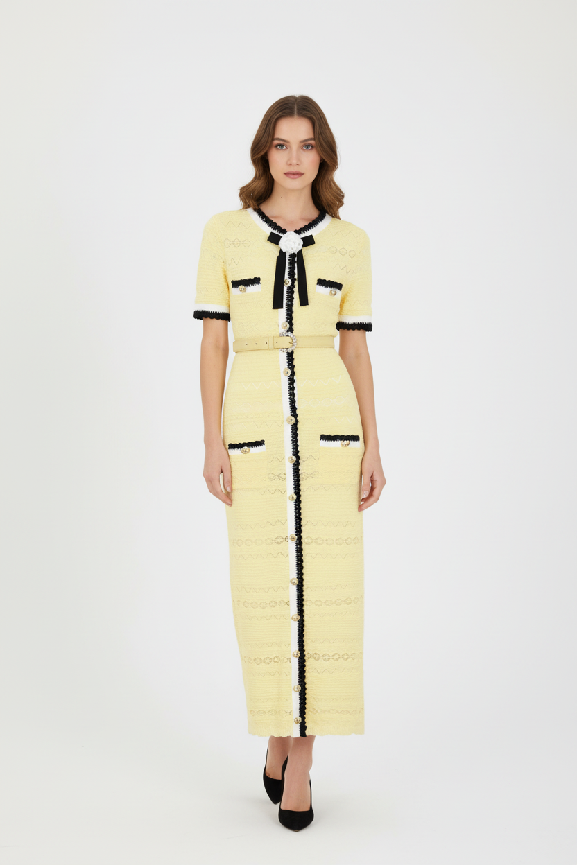 A woman modeling a pale yellow tweed midi dress with black and white trim, featuring a collar with a black bow, short sleeves, and front pockets, set against a plain light gray studio background.