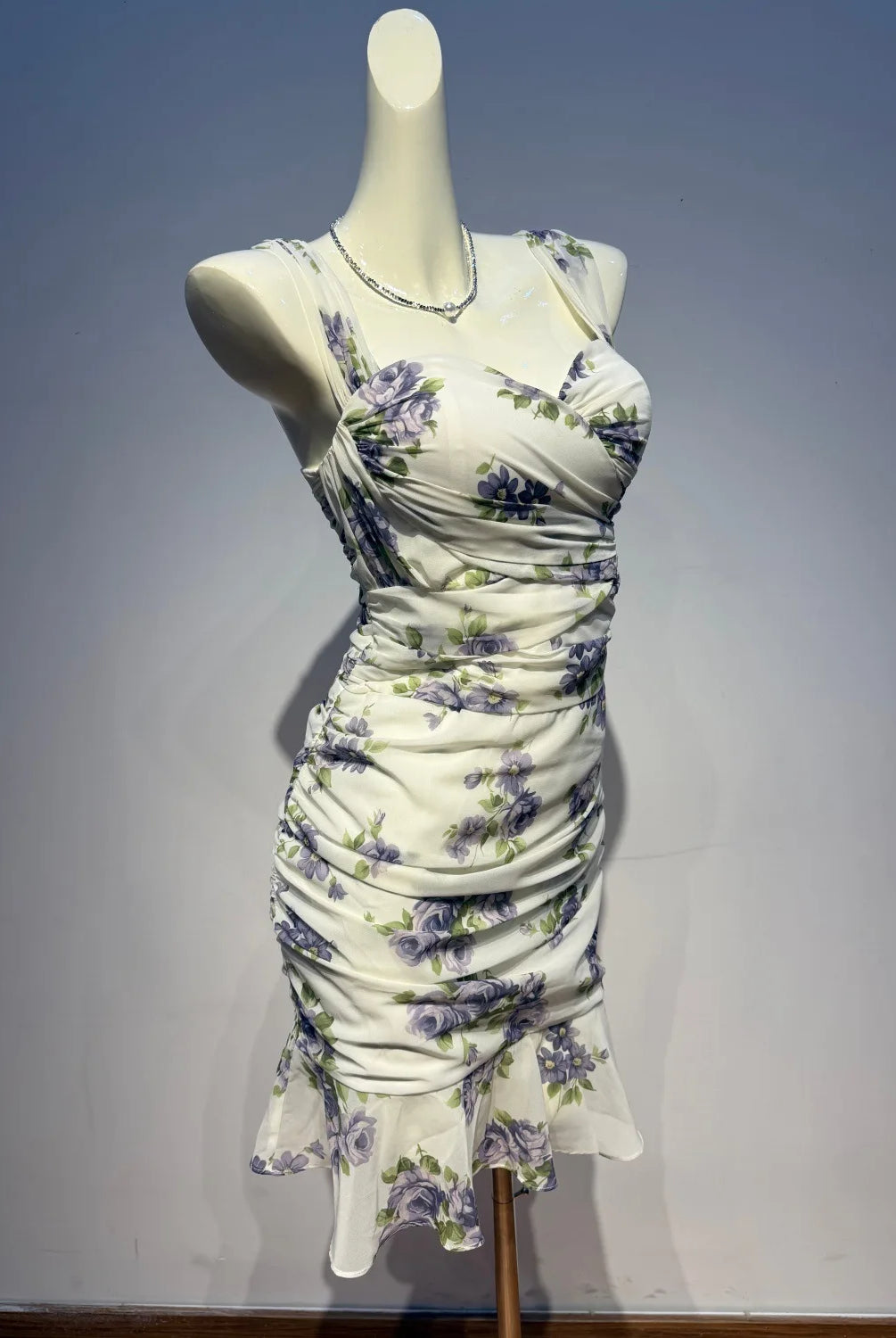 Trend4us Chiffon Mesh Floral Ruched Mermaid Mini Dress