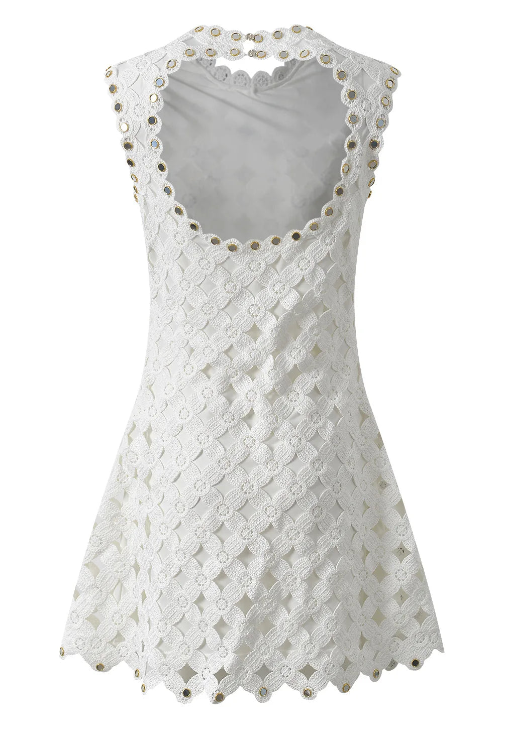Trend4us Luxe Mirror-Embellished Crochet A-Line Mini Dress back view