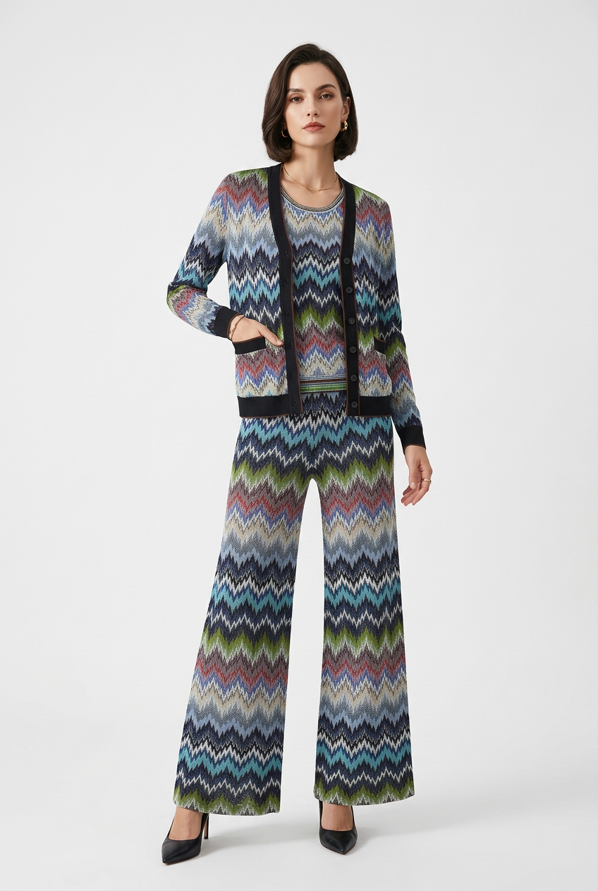 Trend4us Zigzag Knit Cardigan, Tank Top & Flared Pants Set -
blue