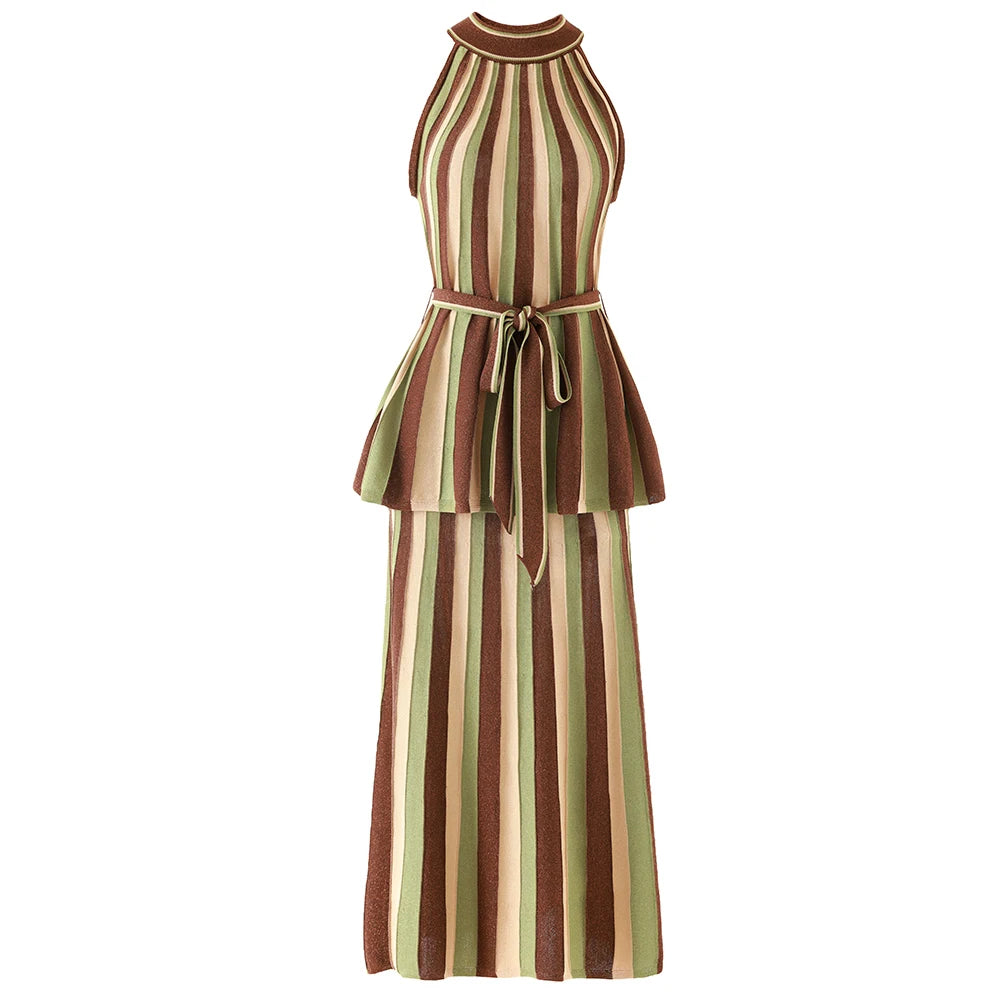 A sleeveless halter-neck outfit set with vertical brown, olive green, and beige stripes, featuring a peplum waist and a matching tie belt, shown on a plain white background.