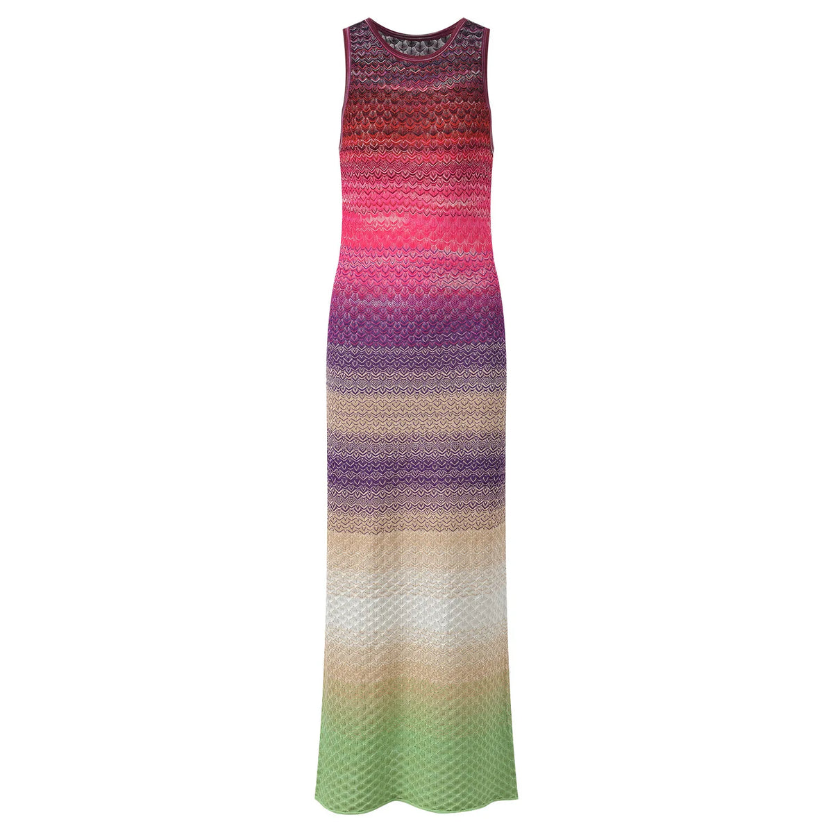 A sleeveless knit maxi dress with a vibrant ombre gradient pattern transitioning from red and pink at the top, through purple and beige, to light green at the bottom, shown against a plain white background.