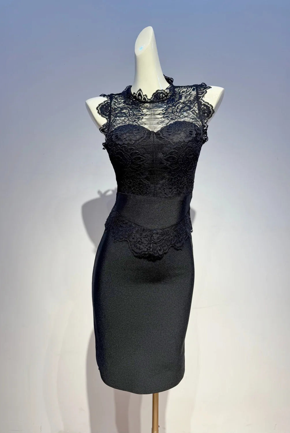 Trend4us Luxe Lace Illusion Bodycon High Waist Pencil Dress in black