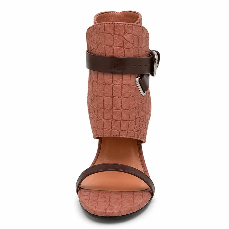 Trend4us Luxe Embossed Buckle Open-Toe Stiletto Booties