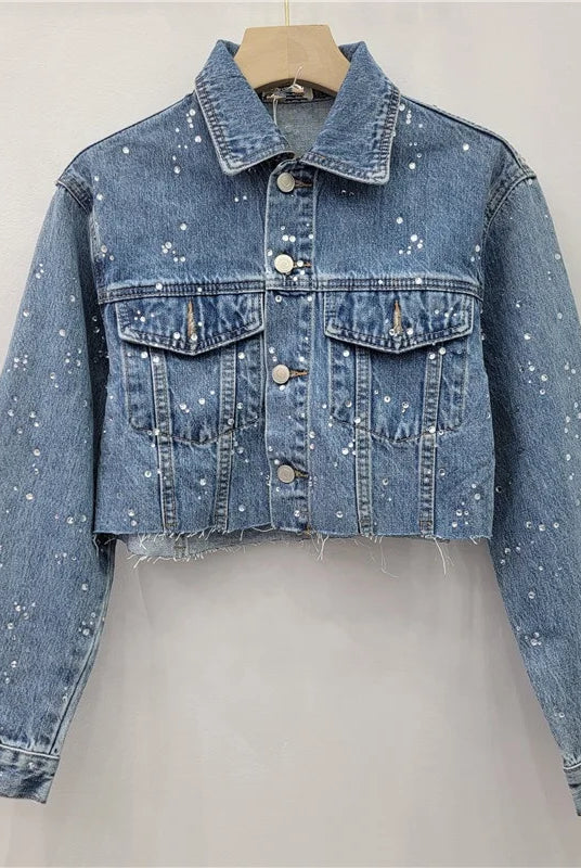 Trend4us Luxe Crystal Cropped Denim Jacket & Wide-Leg Jeans Set