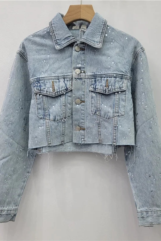 Trend4us Luxe Crystal Cropped Denim Jacket & Wide-Leg Jeans Set