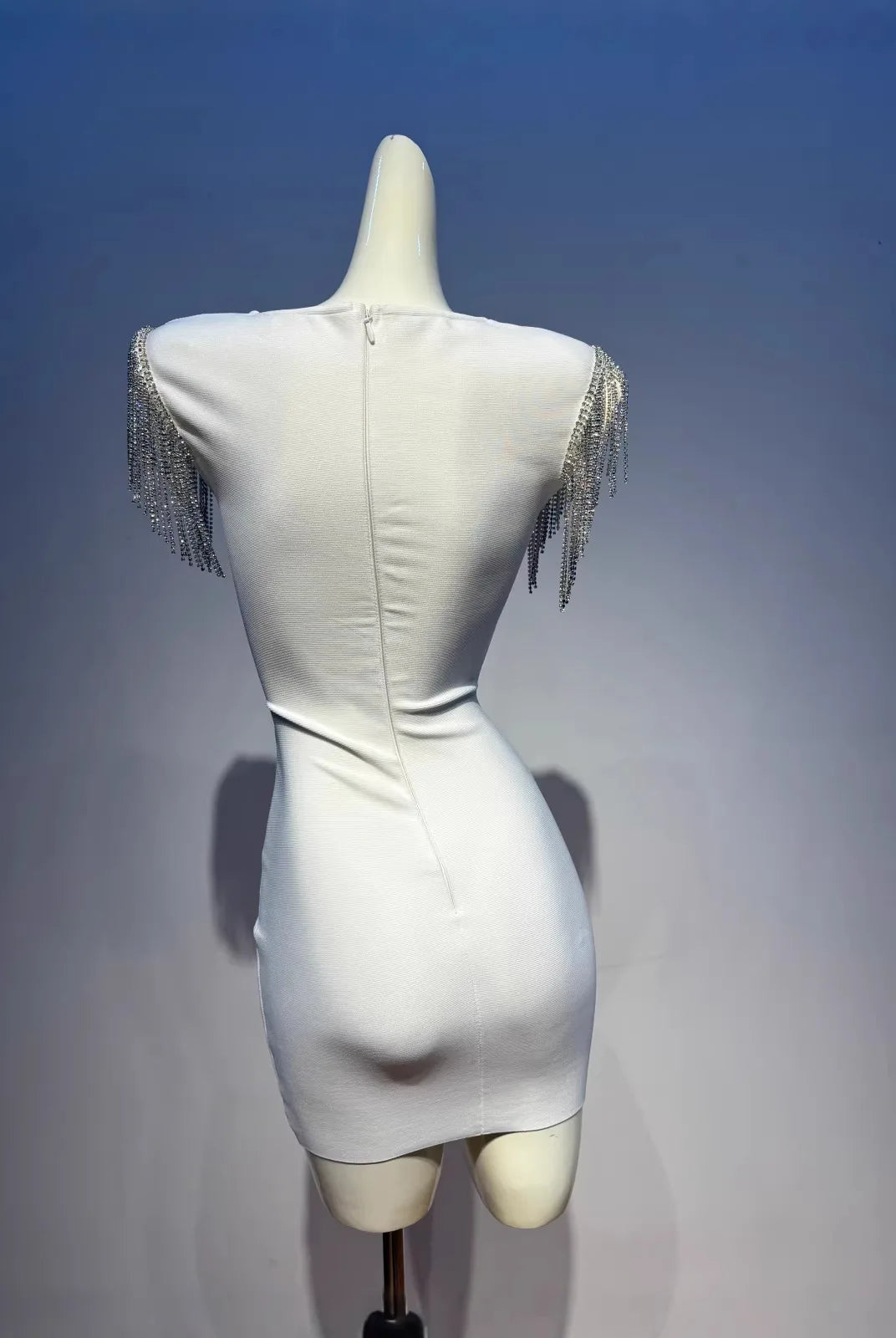 Trend4us Luxe Crystal Fringe Shoulder Bandage Mini Dress