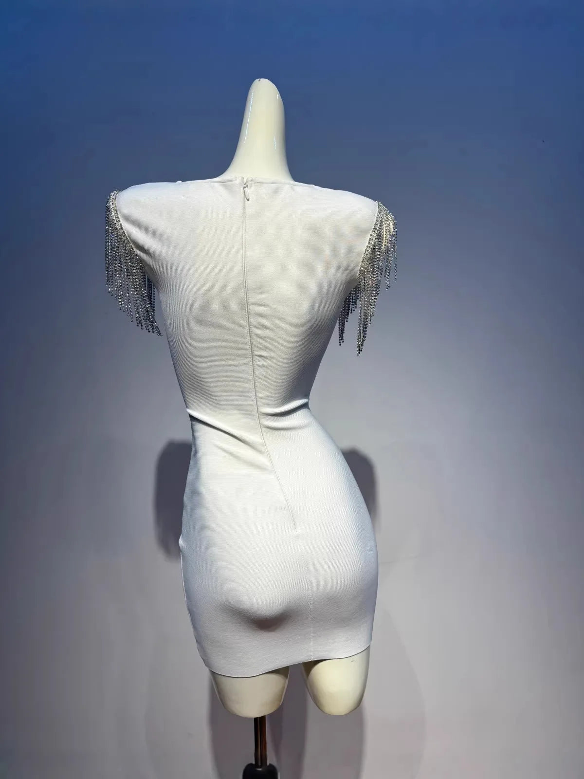 Trend4us Luxe Crystal Fringe Shoulder Bandage Mini Dress