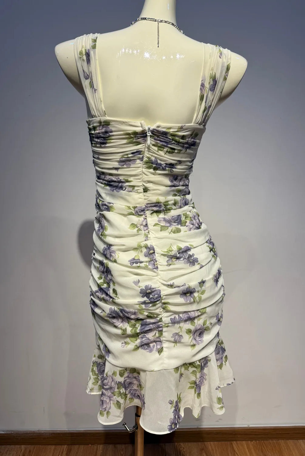 Trend4us Chiffon Mesh Floral Ruched Mermaid Mini Dress back view
