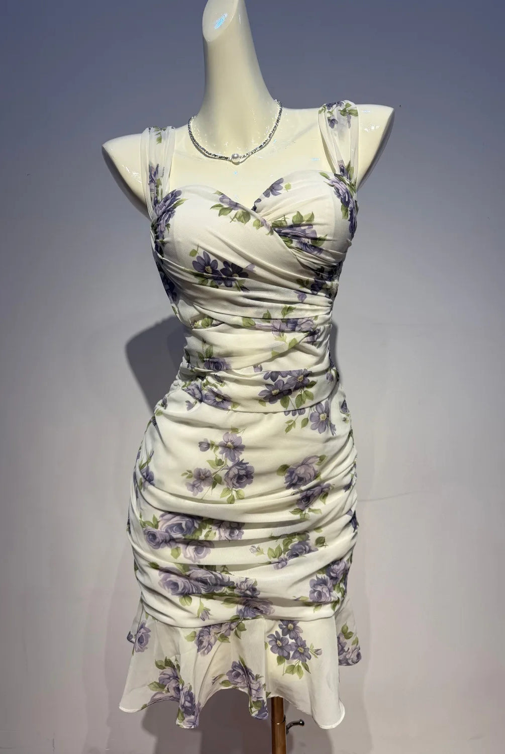 Trend4us Chiffon Mesh Floral Ruched Mermaid Mini Dress