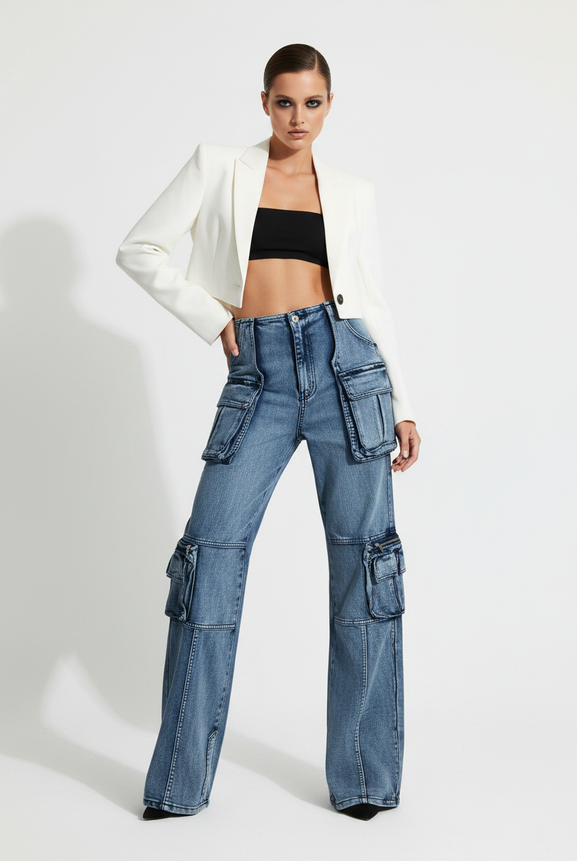 Trend4us Streetwear Vintage Multi-Pocket Wide-Leg Cargo Jeans
