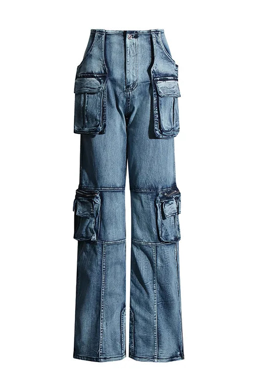 Trend4us Streetwear Vintage Multi-Pocket Wide-Leg Cargo Jeans