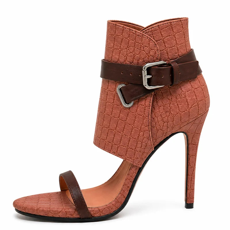 Trend4us Luxe Embossed Buckle Open-Toe Stiletto Booties