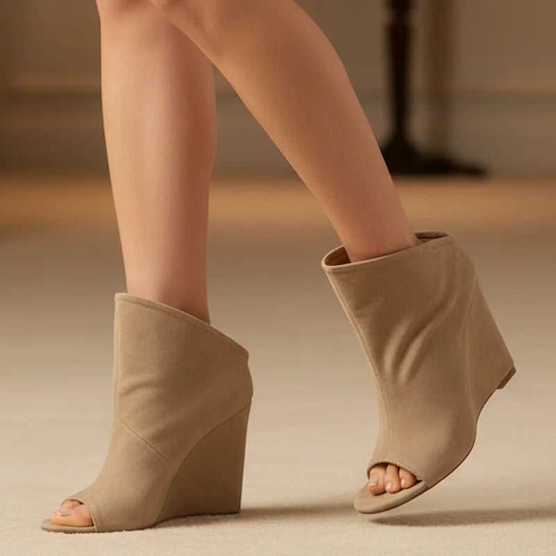 Trend4us Luxe Suede Peep-Toe Wedge Ankle Booties