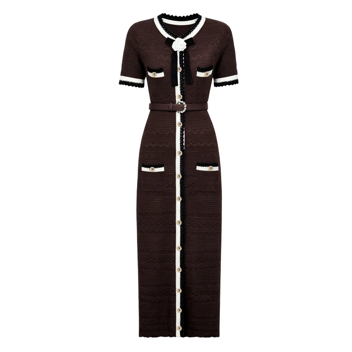 A dark brown textured knit midi dress with short sleeves, featuring white and black trim, gold-tone buttons, and a matching belt with a gold buckle.