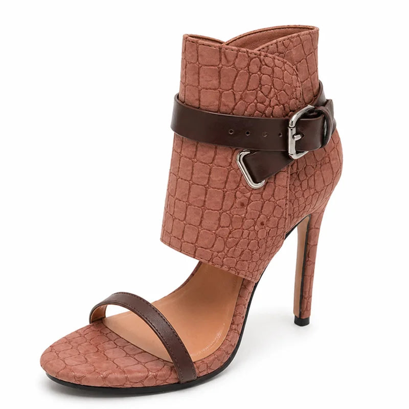 Trend4us Luxe Embossed Buckle Open-Toe Stiletto Booties