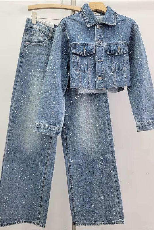 Trend4us Luxe Crystal Cropped Denim Jacket & Wide-Leg Jeans Set in dark blue