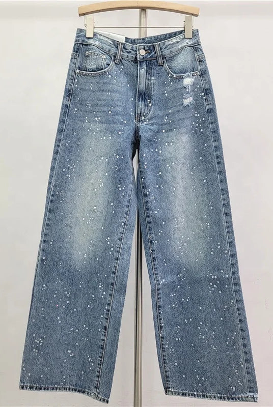 Trend4us Luxe Crystal Cropped Denim Jacket & Wide-Leg Jeans Set