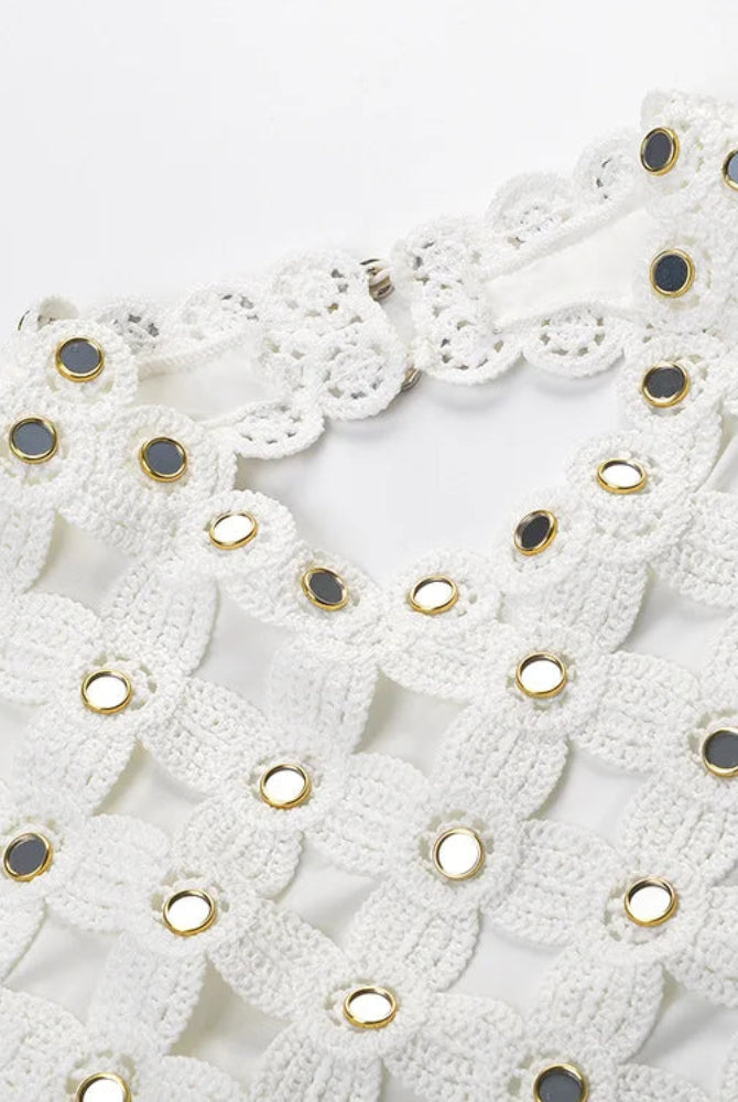 Trend4us Luxe Mirror-Embellished Crochet A-Line Mini Dress closer view