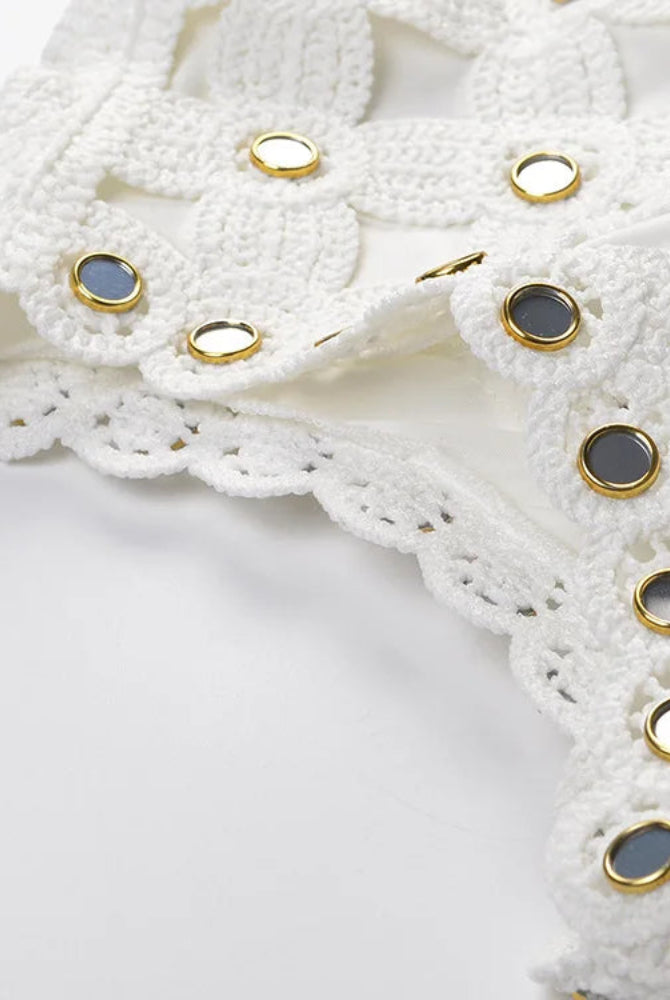 Trend4us Luxe Mirror-Embellished Crochet A-Line Mini Dress closer view