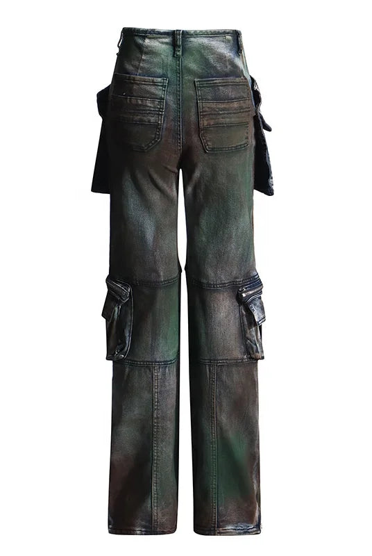 Trend4us Streetwear Vintage Multi-Pocket Wide-Leg Cargo Jeans