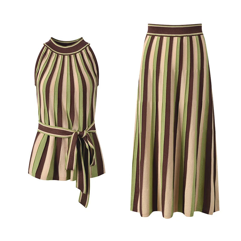 A two-piece women's outfit set featuring a sleeveless top and a matching midi skirt, both with vertical stripes in olive green, brown, and beige. The top has a tie detail at the waist, and the skirt is straight-cut.