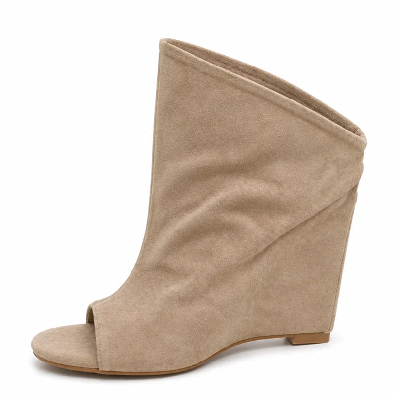 Trend4us Luxe Suede Peep-Toe Wedge Ankle Booties