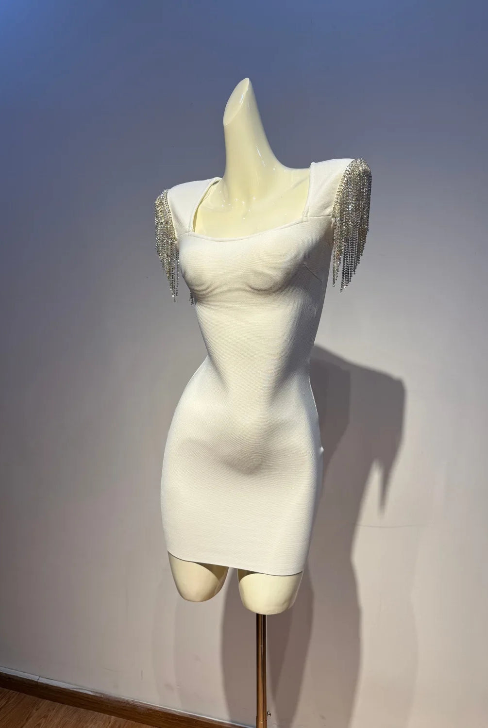 Trend4us Luxe Crystal Fringe Shoulder Bandage Mini Dress