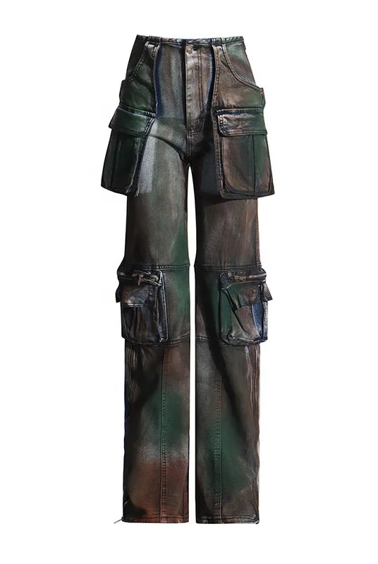 Trend4us Streetwear Vintage Multi-Pocket Wide-Leg Cargo Jeans