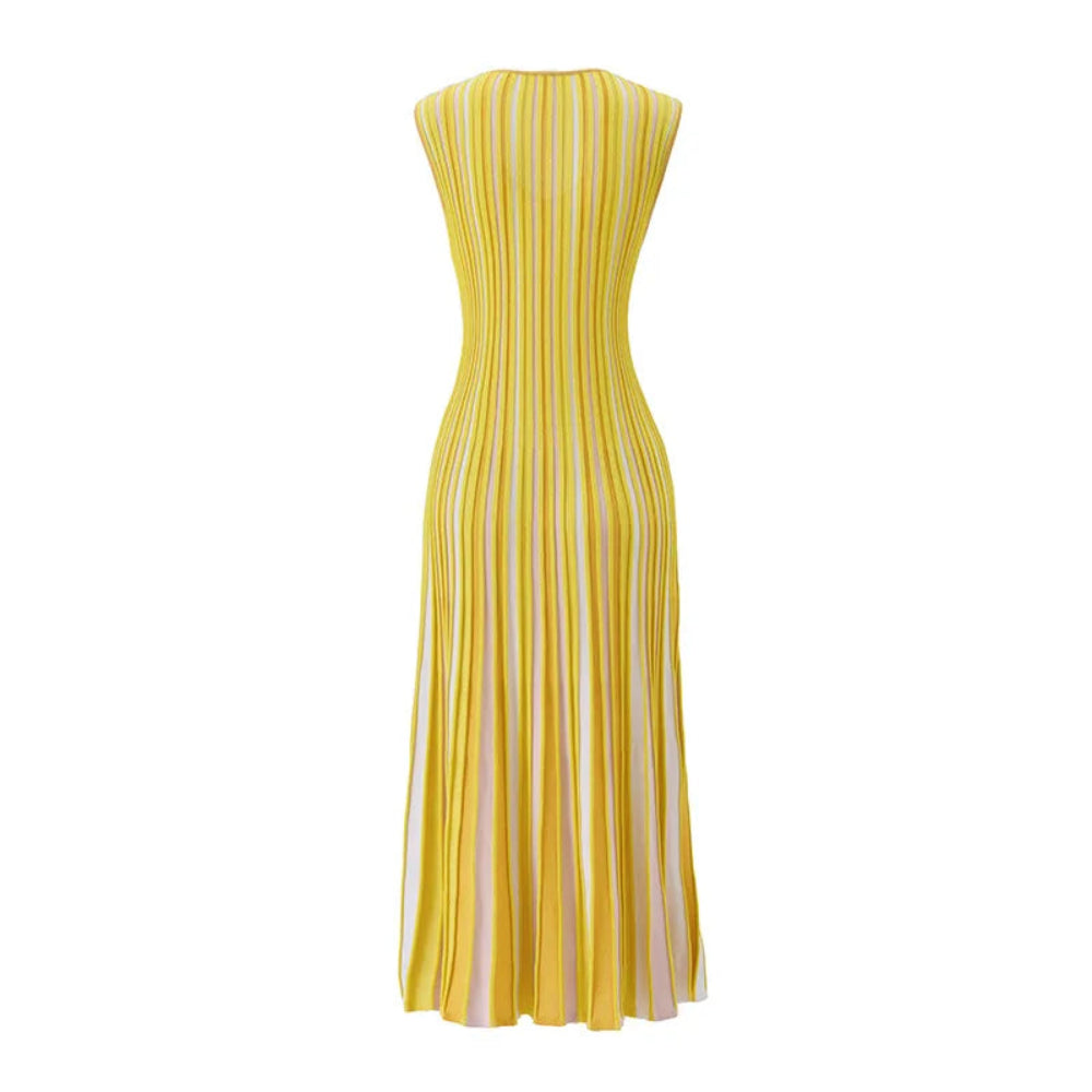 A sleeveless yellow and white vertically striped midi dress with a pleated design, shown from the back on a plain white background.