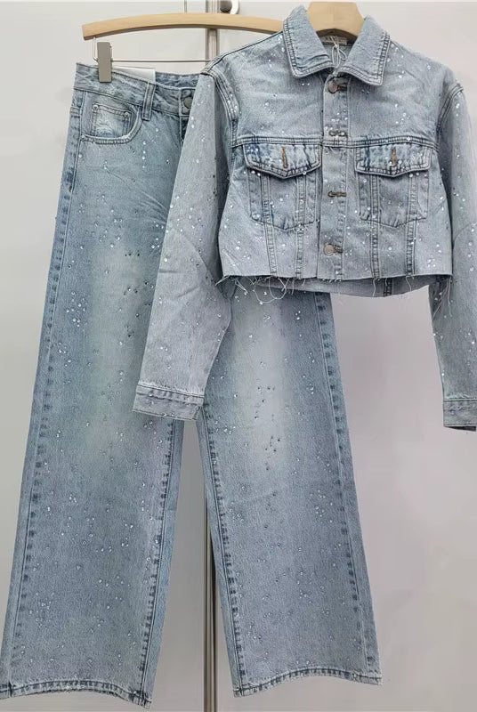 Trend4us Luxe Crystal Cropped Denim Jacket & Wide-Leg Jeans Set in blue