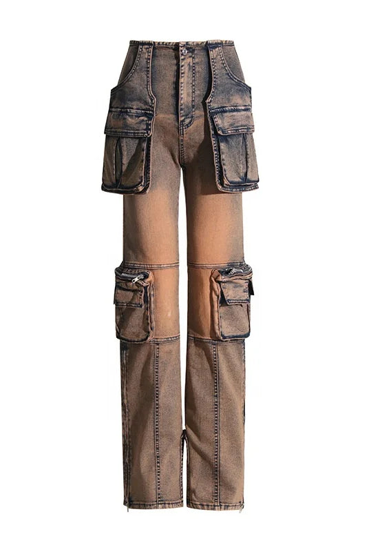 Trend4us Streetwear Vintage Multi-Pocket Wide-Leg Cargo Jeans