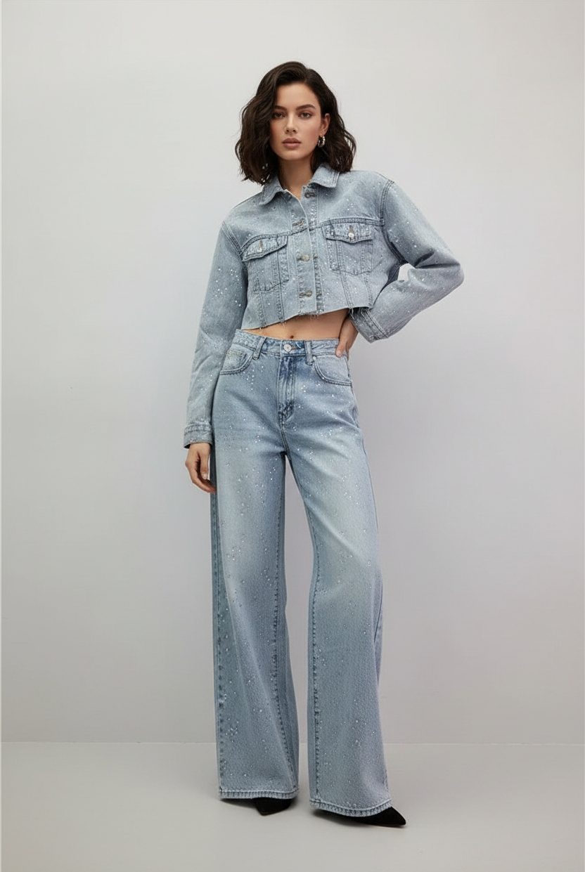 Trend4us Luxe Crystal Cropped Denim Jacket & Wide-Leg Jeans Set