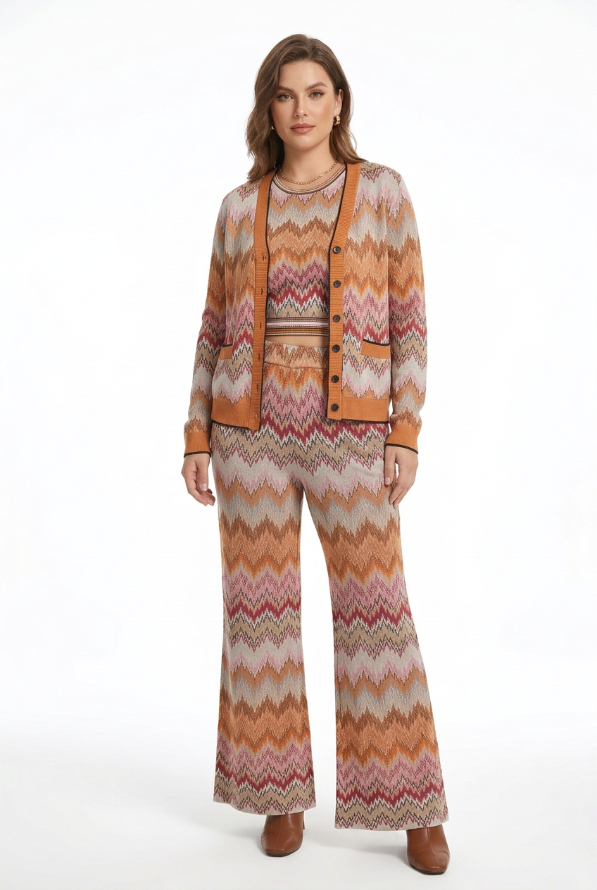 Trend4us Zigzag Knit Cardigan, Tank Top & Flared Pants Set - orange