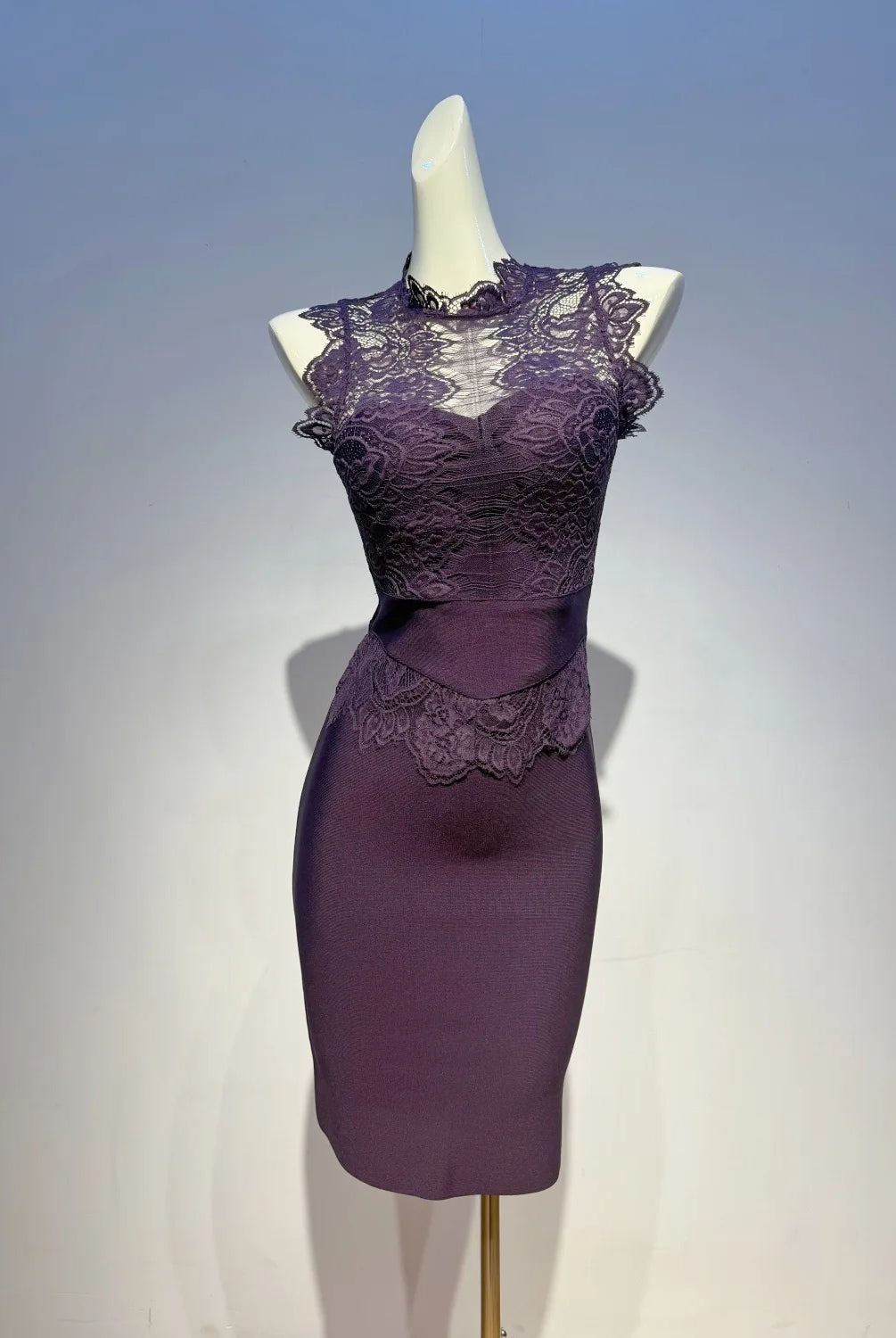 Trend4us Luxe Lace Illusion Bodycon High Waist Pencil Dress in purple